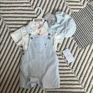 NWT Tommy Bahama Kids 4-Piece Baby Boy Seersucker Overall Shirt Cap Bow Tie 12mo